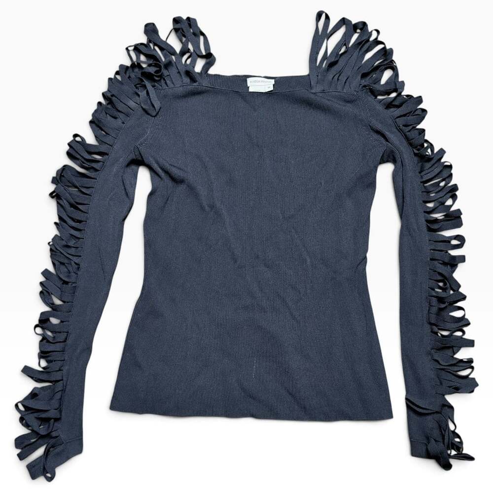 Boston Proper Women’s M Black Cutout Fringe Sleeve Knit Top Viscose Nylon NWOT
